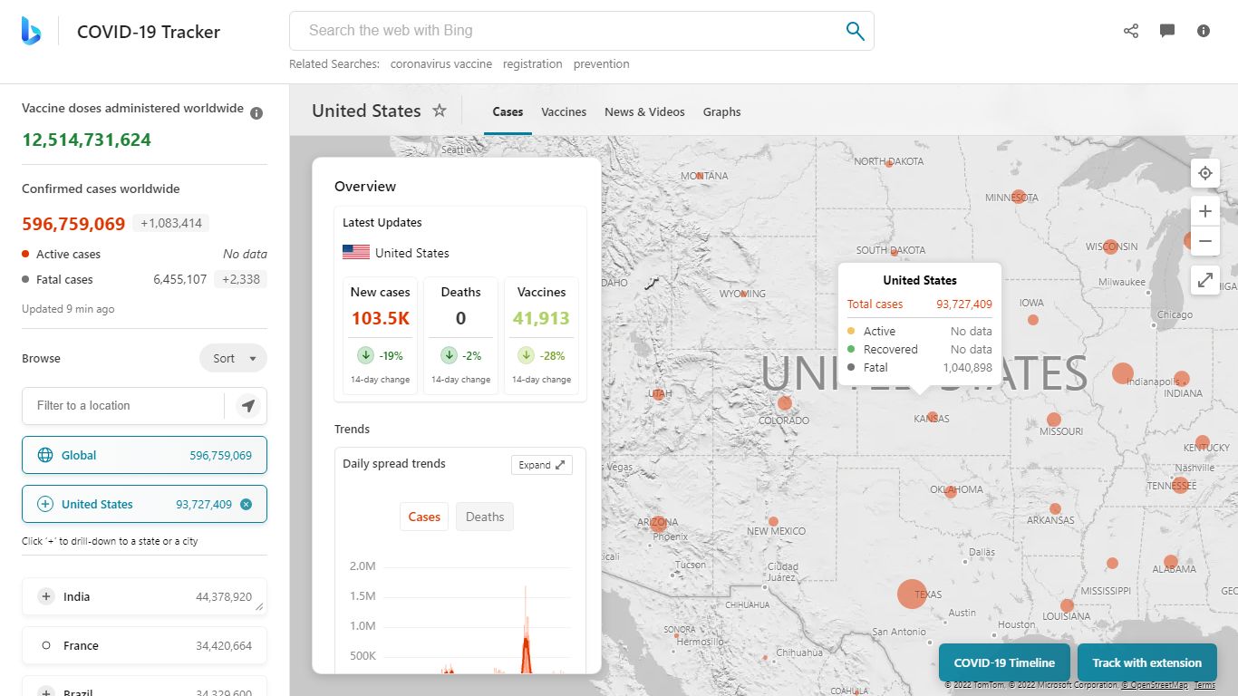 Coronavirus (COVID-19) live map tracker from Microsoft Bing