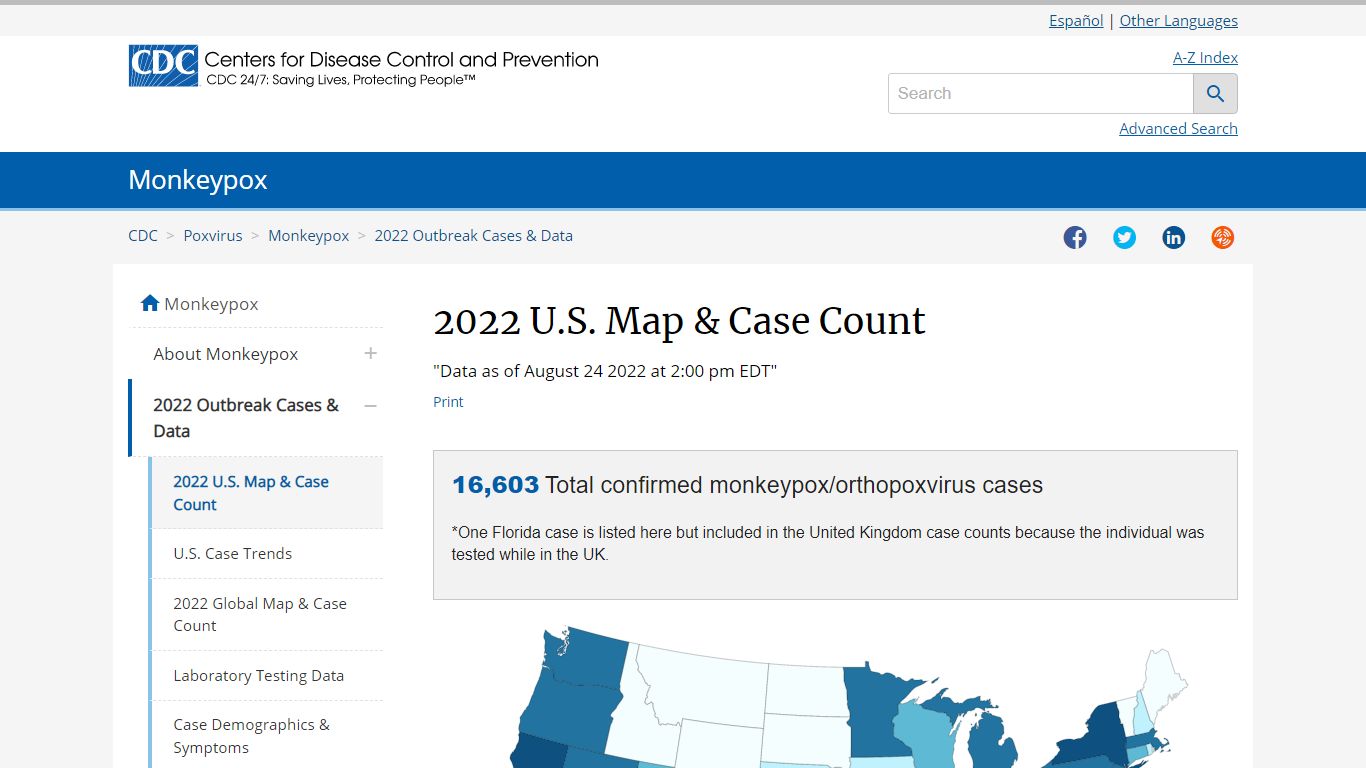 2022 U.S. Map & Case Count | Monkeypox | Poxvirus | CDC